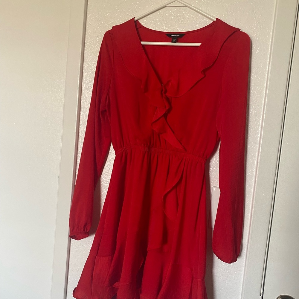 Express Red Ruffled Long-Sleeve Dress